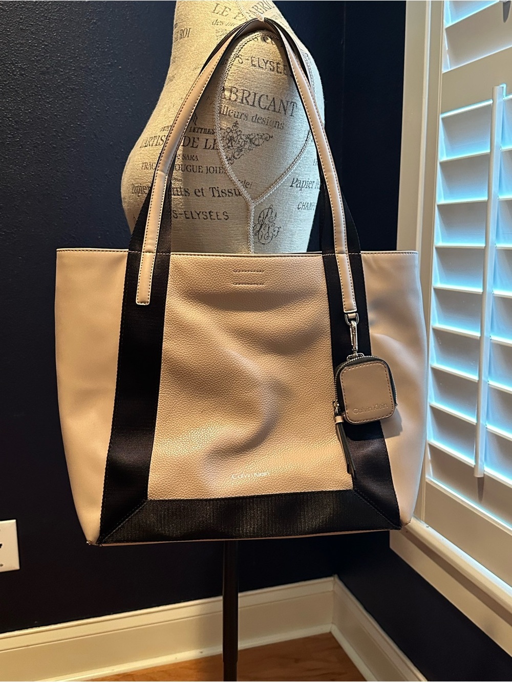 Calvin Klein Cream and Black Colorblock Tote with Accessory Pouch
